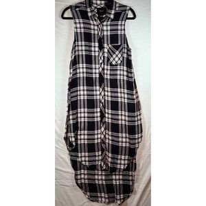 Rails Womens Sleeveless Plaid Button Down Tunic Shirt Black White High Low Med